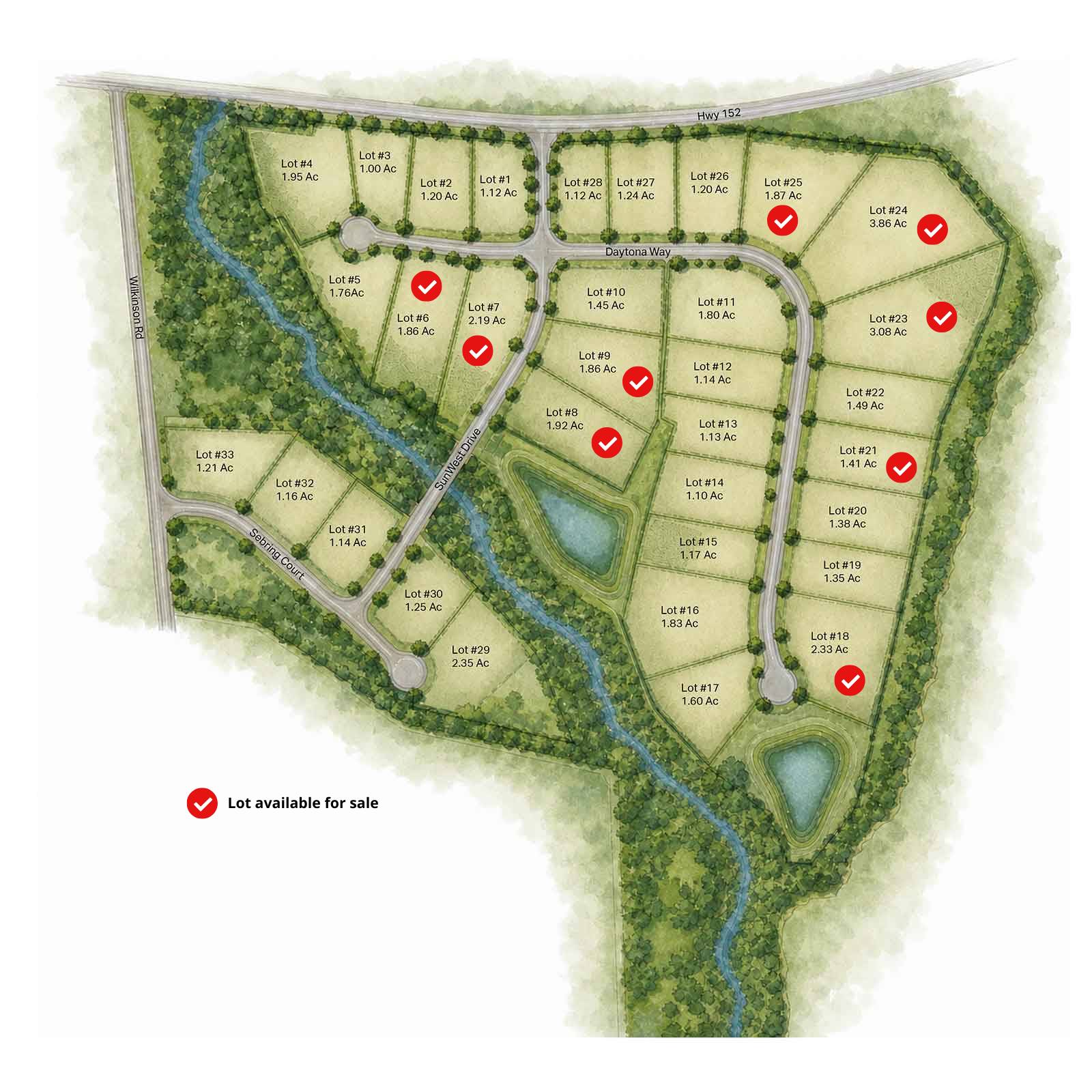 Plot map showing available lots in SunWest Business Park Mooresville NC